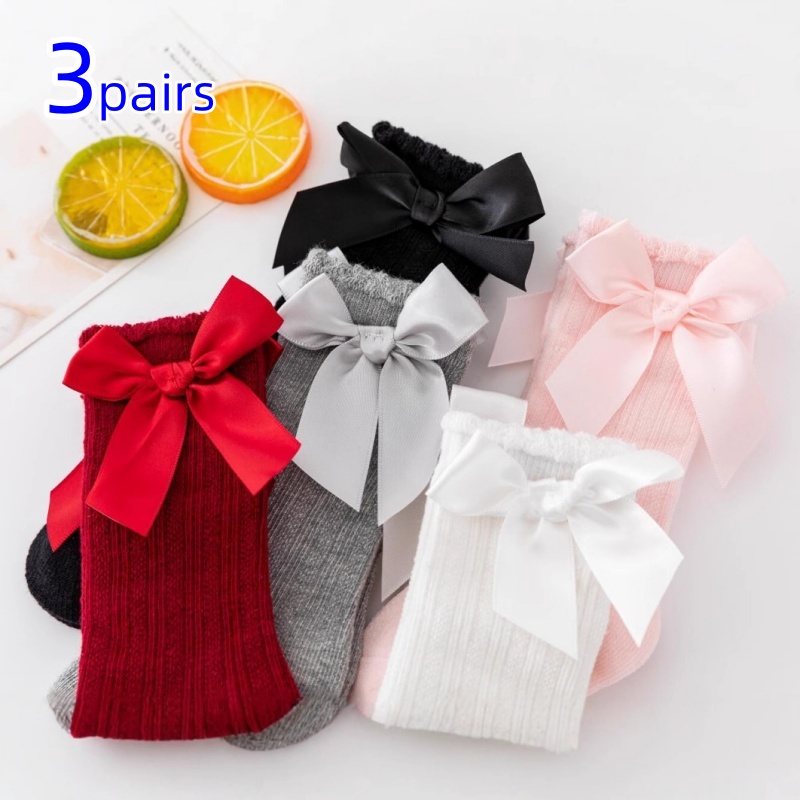 Baby Sock Oximeter - 3 คู่/เซ็ตเด็กทารกถุงเท้าโบว์ใหญ่เข่าสูงเด็กบ้านกลางลูกวัวเจ้าหญิงถุงเท้าลื่นเด็กถุงน่อง 0-3Y